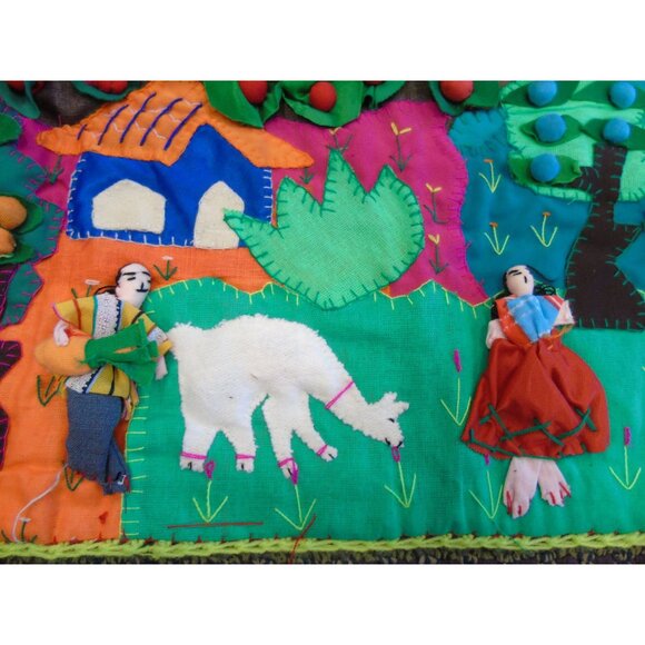 '71 Peruvian Mercado Market Tapestry Handcraft Appliqué Folk Art Peru Arpillera - Picture 4 of 10